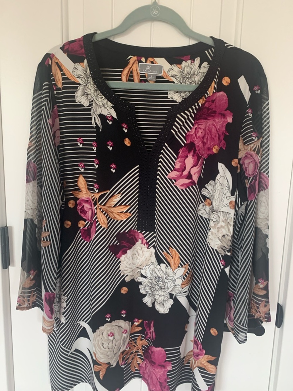 JM Collection Black Floral V-Neck Tunic with Pink and Cream Accents